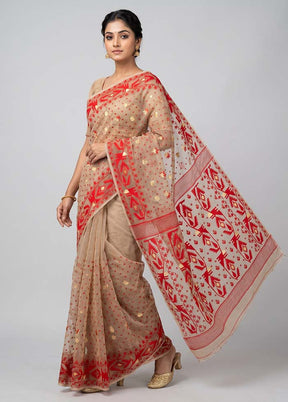 Cream Jamdani Cotton Saree Without Blouse Piece