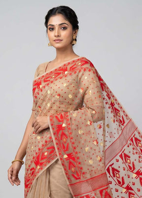 Cream Jamdani Cotton Saree Without Blouse Piece