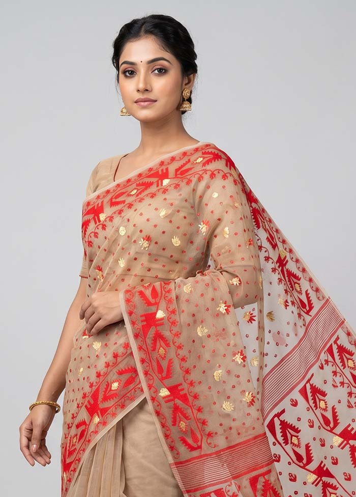 Cream Jamdani Cotton Saree Without Blouse Piece