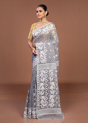 Grey Jamdani Cotton Saree Without Blouse Piece