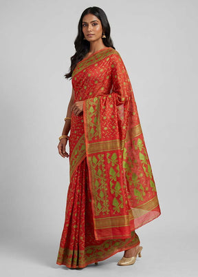 Red Jamdani Cotton Saree Without Blouse Piece