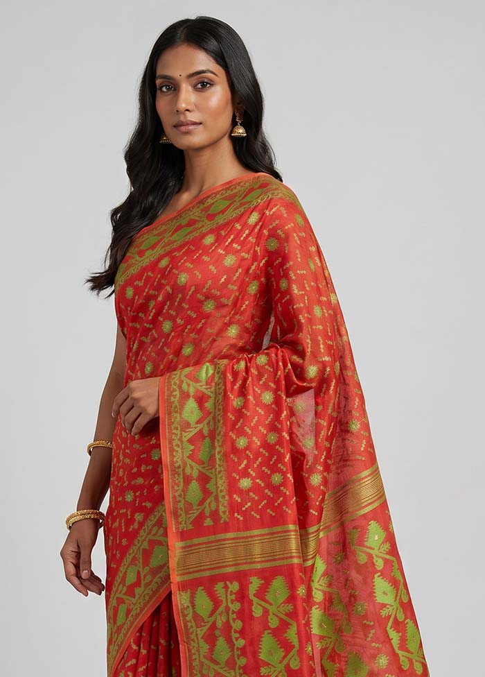 Red Jamdani Cotton Saree Without Blouse Piece