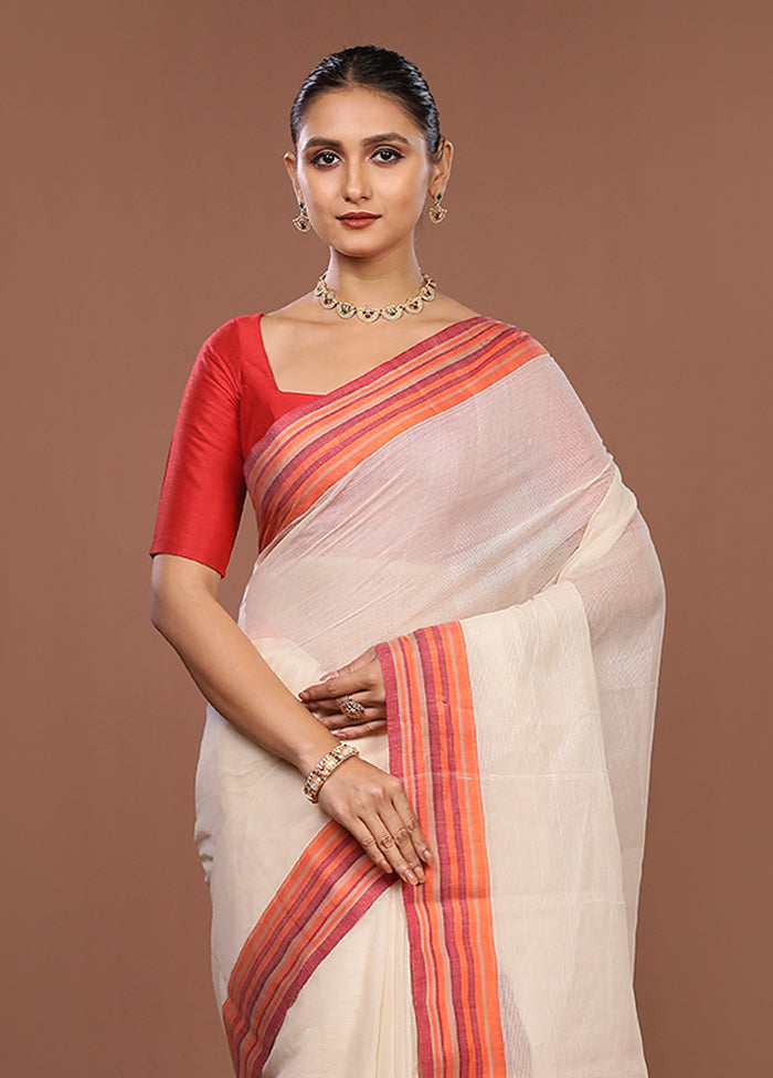Cream Jamdani Cotton Saree Without Blouse Piece