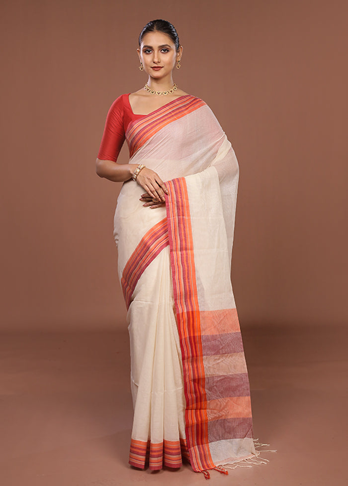 Cream Jamdani Cotton Saree Without Blouse Piece
