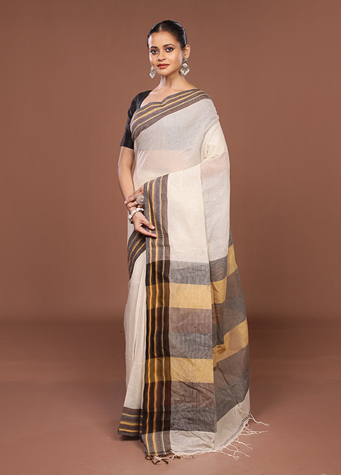 Cream Jamdani Cotton Saree Without Blouse Piece