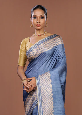 Blue Tussar Silk Saree With Blouse Piece