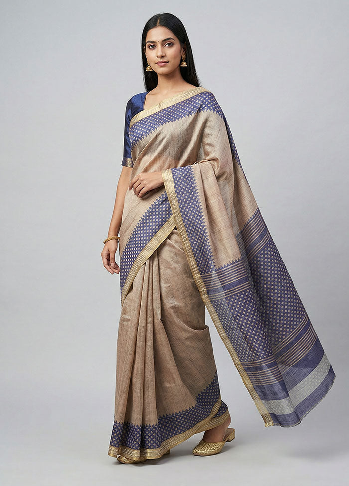 Cream Tussar Silk Saree With Blouse Piece