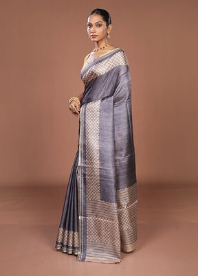 Grey Tussar Silk Saree With Blouse Piece