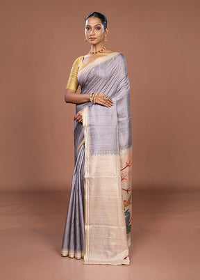 Grey Tussar Silk Saree With Blouse Piece