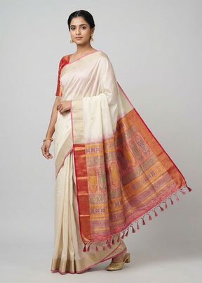 Cream Dupion Silk Saree With Blouse Piece