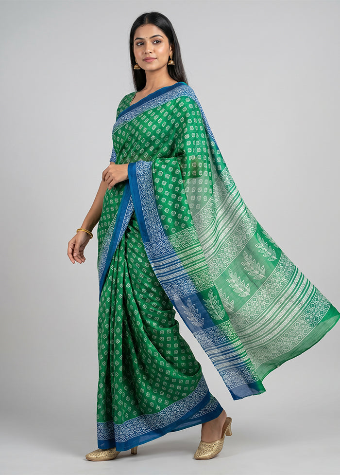 Green Chanderi Cotton Saree With Blouse Piece