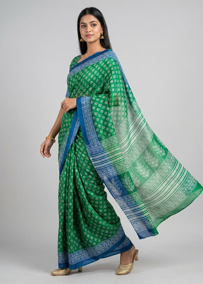 Green Chanderi Cotton Saree With Blouse Piece