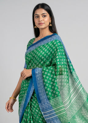 Green Chanderi Cotton Saree With Blouse Piece