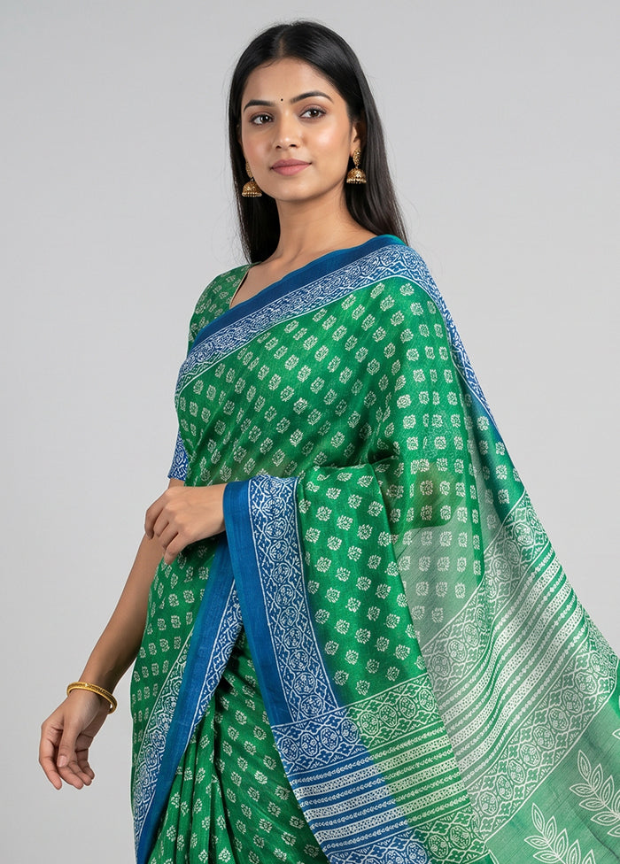 Green Chanderi Cotton Saree With Blouse Piece