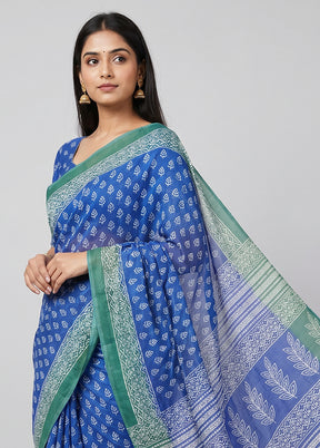 Blue Chanderi Cotton Saree With Blouse Piece
