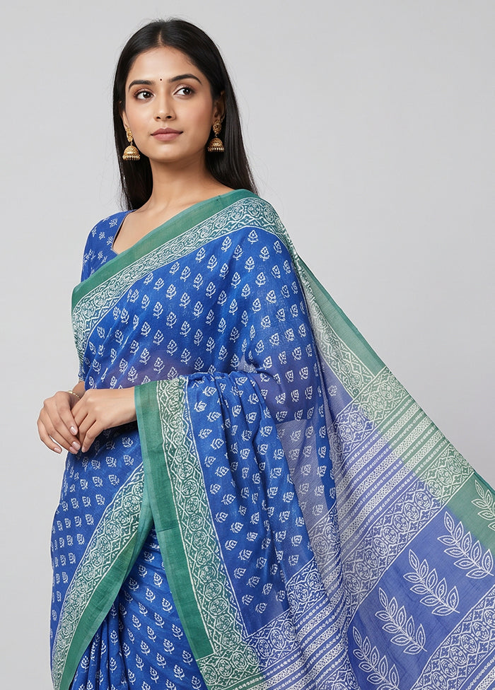 Blue Chanderi Cotton Saree With Blouse Piece