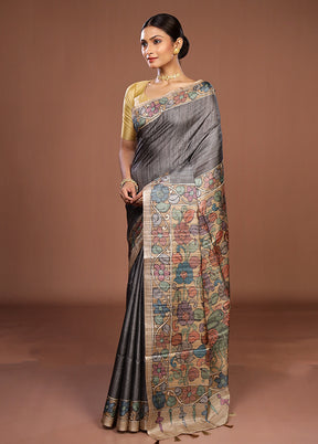Grey Tussar Silk Saree With Blouse Piece