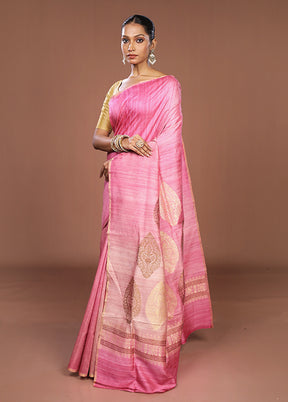 Pink Handloom Tussar Pure Silk Saree With Blouse Piece