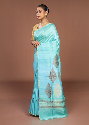 Blue Handloom Tussar Pure Silk Saree With Blouse Piece