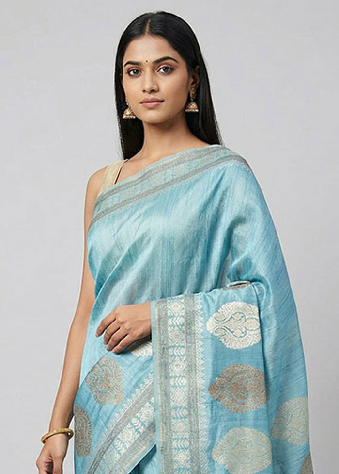 Blue Handloom Tussar Pure Silk Saree With Blouse Piece