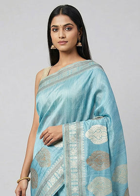 Blue Handloom Tussar Pure Silk Saree With Blouse Piece