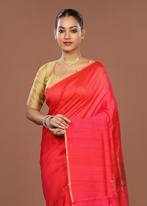 Red Handloom Tussar Pure Silk Saree With Blouse Piece