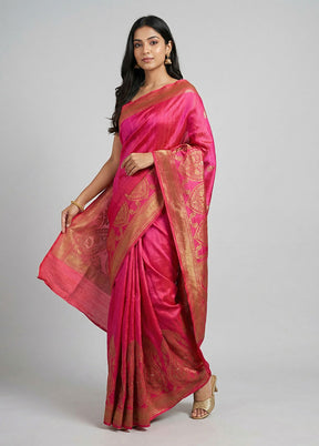 Pink Handloom Tussar Pure Silk Saree With Blouse Piece