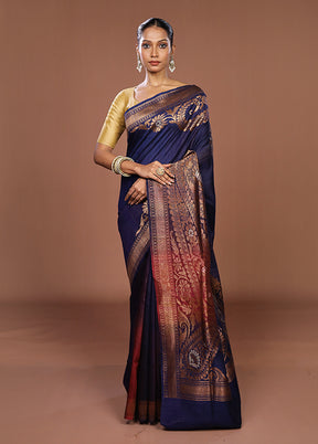 Blue Handloom Tussar Pure Silk Saree With Blouse Piece