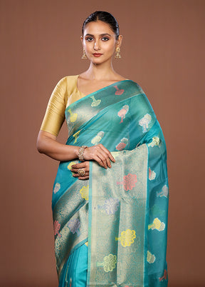 Blue Organza Saree With Blouse Piece