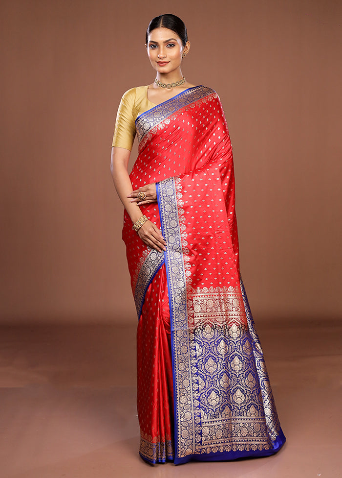 Red Handloom Banarasi Silk Saree With Blouse Piece