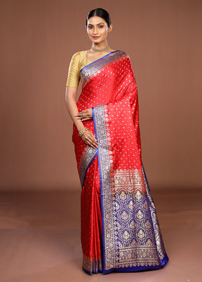 Red Handloom Banarasi Silk Saree With Blouse Piece