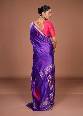 Purple Handloom Matka Pure Silk Saree With Blouse Piece