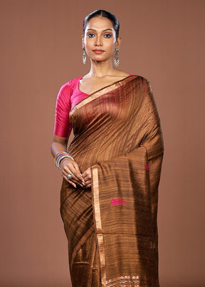 Brown Handloom Matka Pure Silk Saree With Blouse Piece