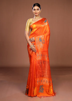 Orange Handloom Matka Pure Silk Saree With Blouse Piece