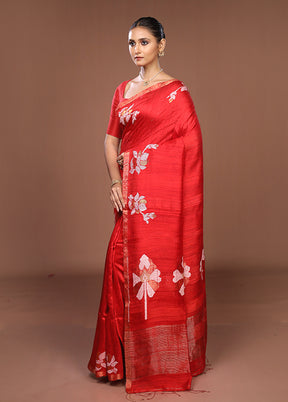 Red Handloom Matka Pure Silk Saree With Blouse Piece