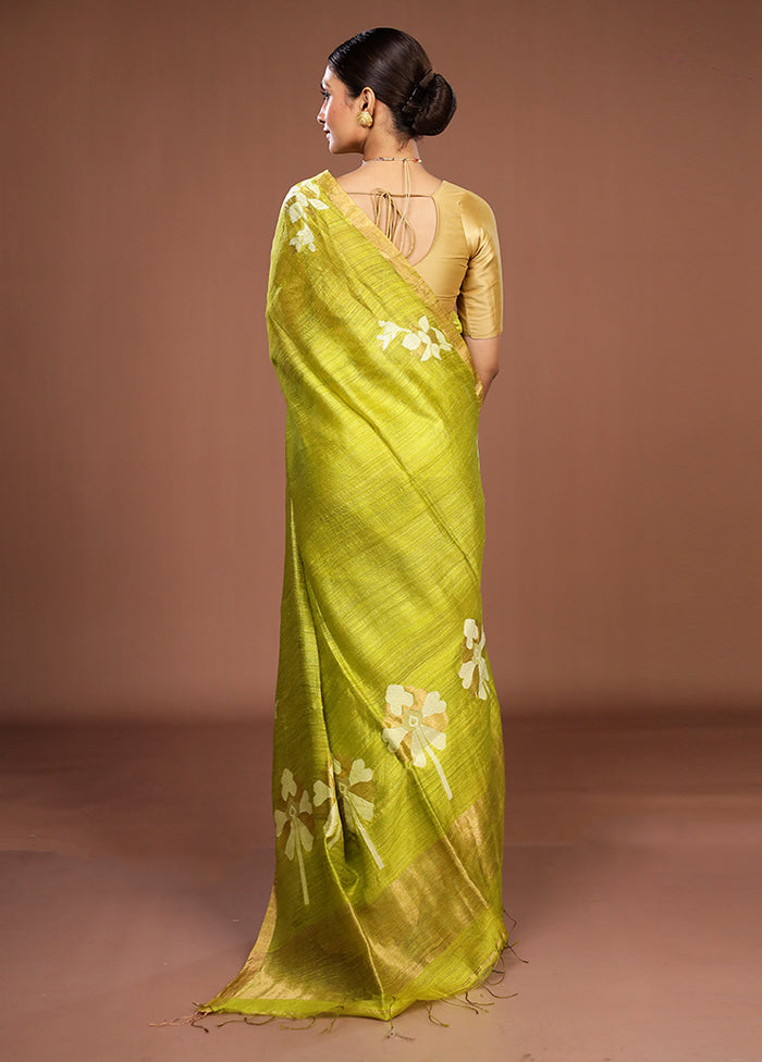 Green Handloom Matka Pure Silk Saree With Blouse Piece