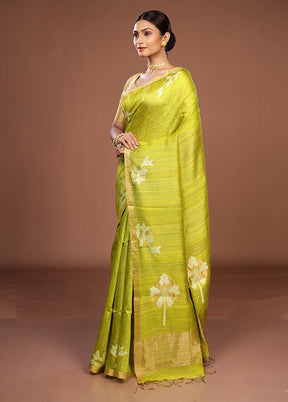 Green Handloom Matka Pure Silk Saree With Blouse Piece