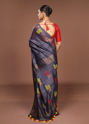 Grey Handloom Matka Pure Silk Saree With Blouse Piece