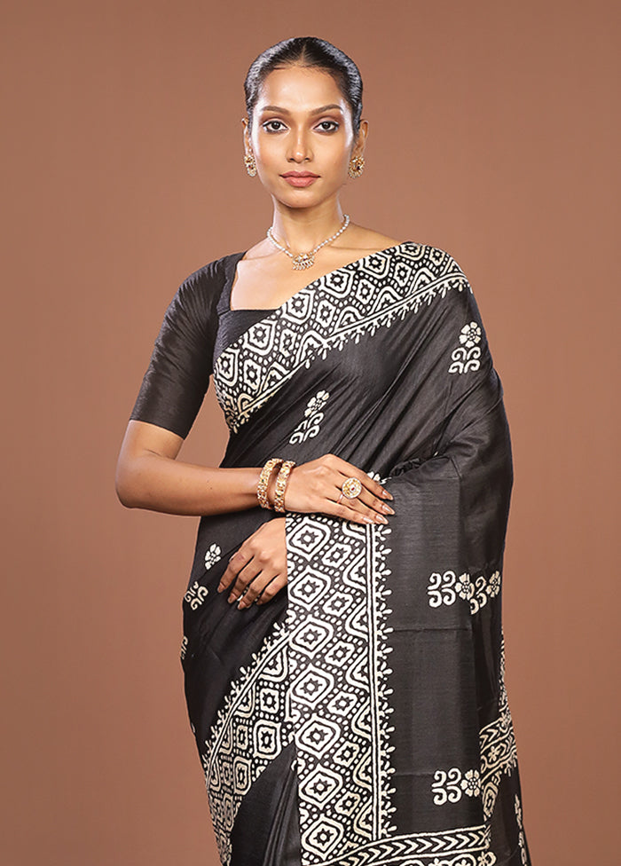 Black Chanderi Cotton Saree With Blouse Piece