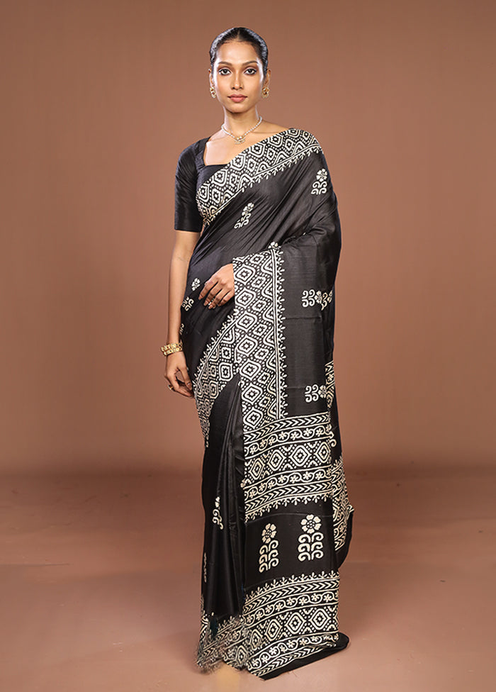 Black Chanderi Cotton Saree With Blouse Piece