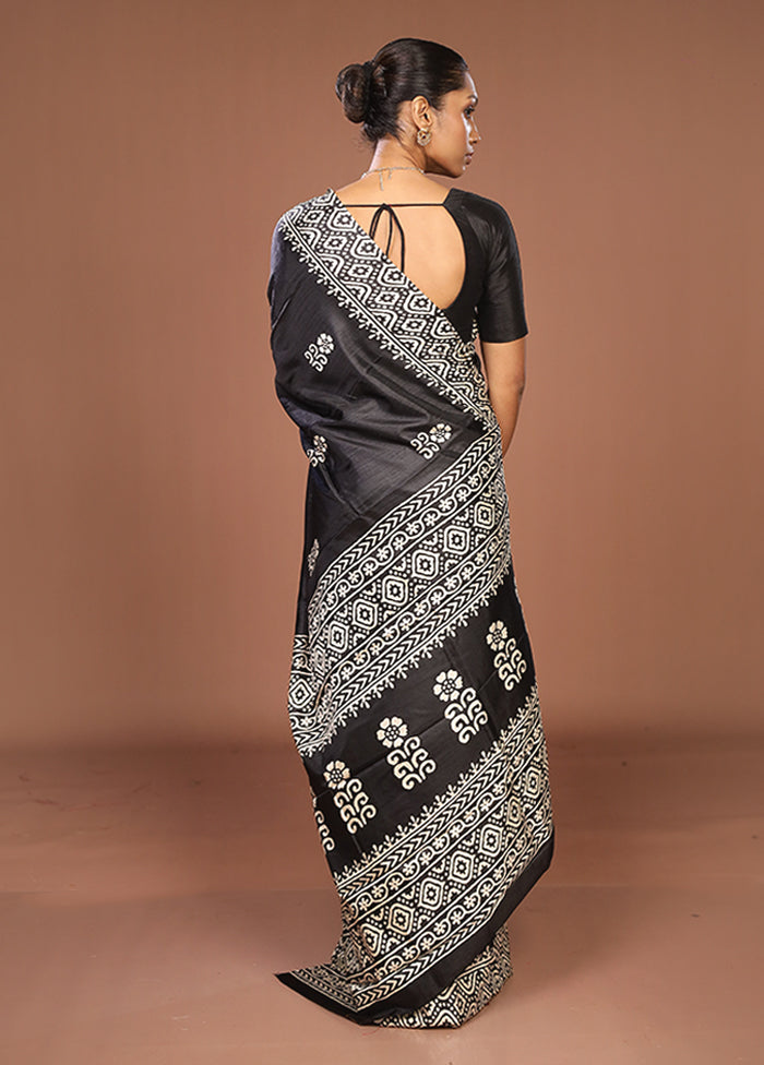 Black Chanderi Cotton Saree With Blouse Piece