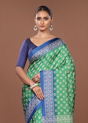 Green Chanderi Cotton Saree With Blouse Piece