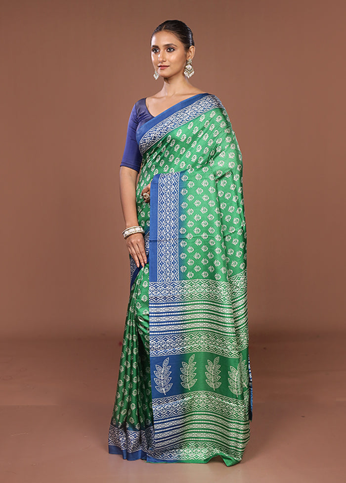 Green Chanderi Cotton Saree With Blouse Piece