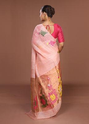 Pink Linen Silk Saree With Blouse Piece