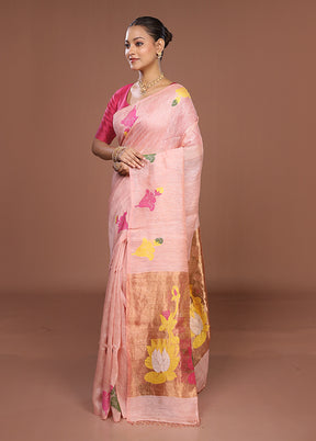 Pink Linen Silk Saree With Blouse Piece