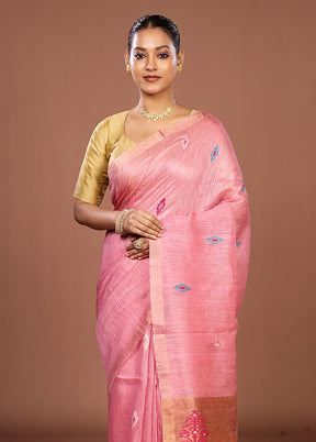 Pink Linen Silk Saree With Blouse Piece
