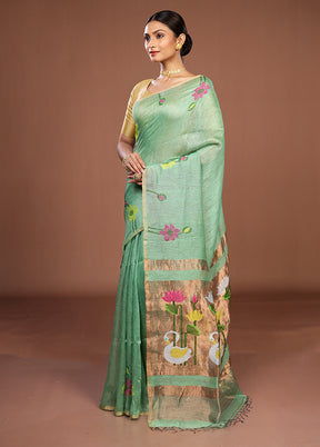 Green Linen Silk Saree With Blouse Piece