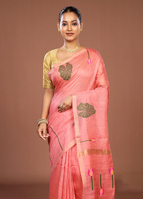 Pink Linen Silk Saree With Blouse Piece