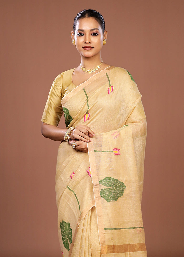 Cream Linen Silk Saree With Blouse Piece