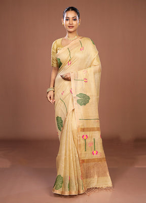 Cream Linen Silk Saree With Blouse Piece